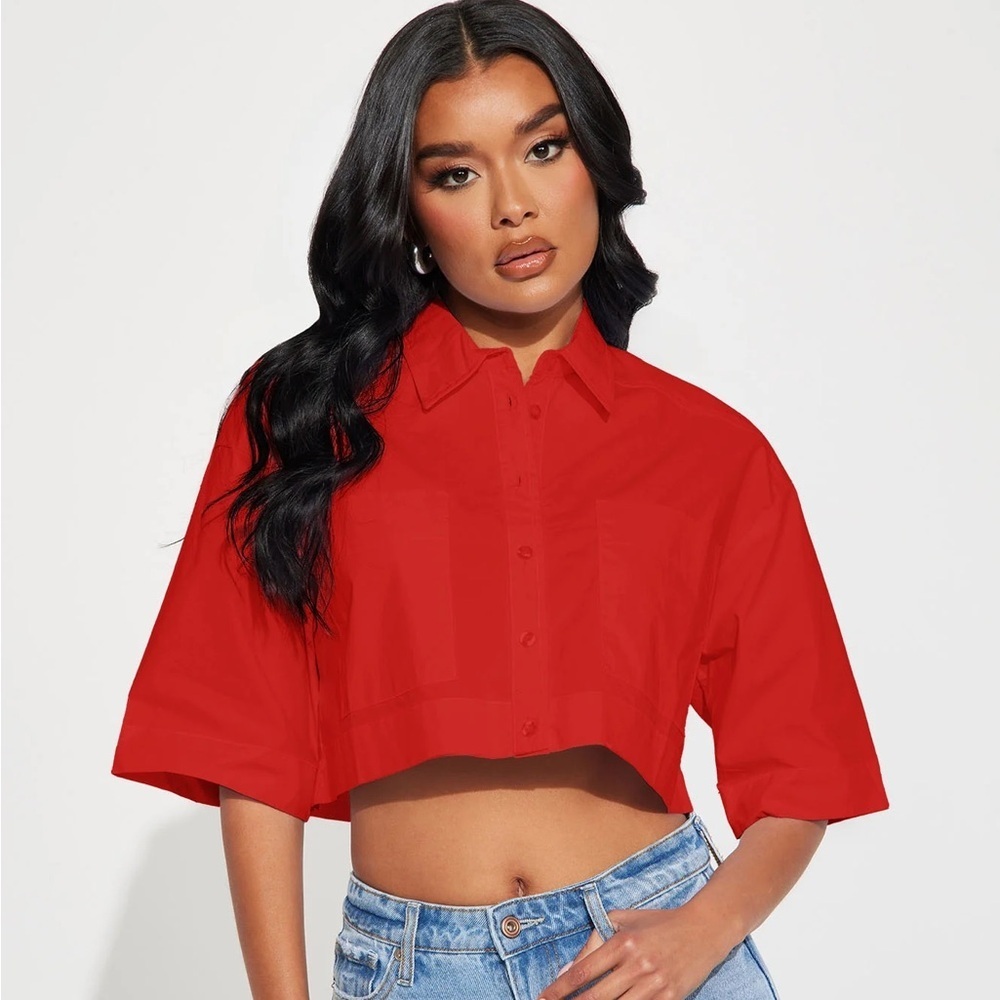 Cropped Button-Down Shirt - Red